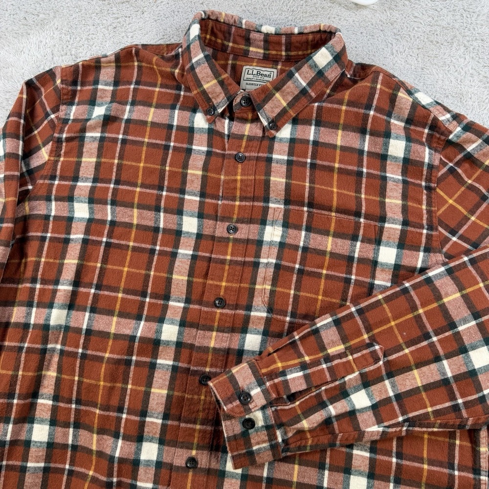 LL Bean Flannel Shirt Mens XLT Orange Plaid Slightly Fitted Long Sleeve Button